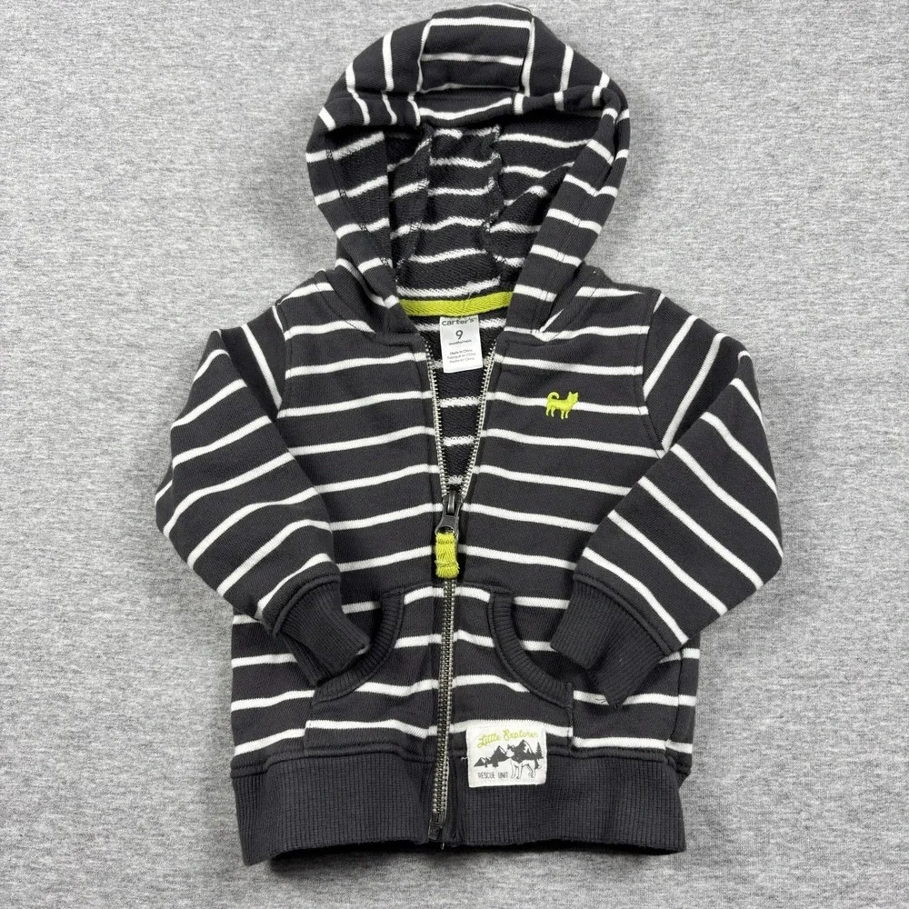 Carter's 9 Months Dark Green & White‎ Striped Hooded Boys Dog Jacket Baby
